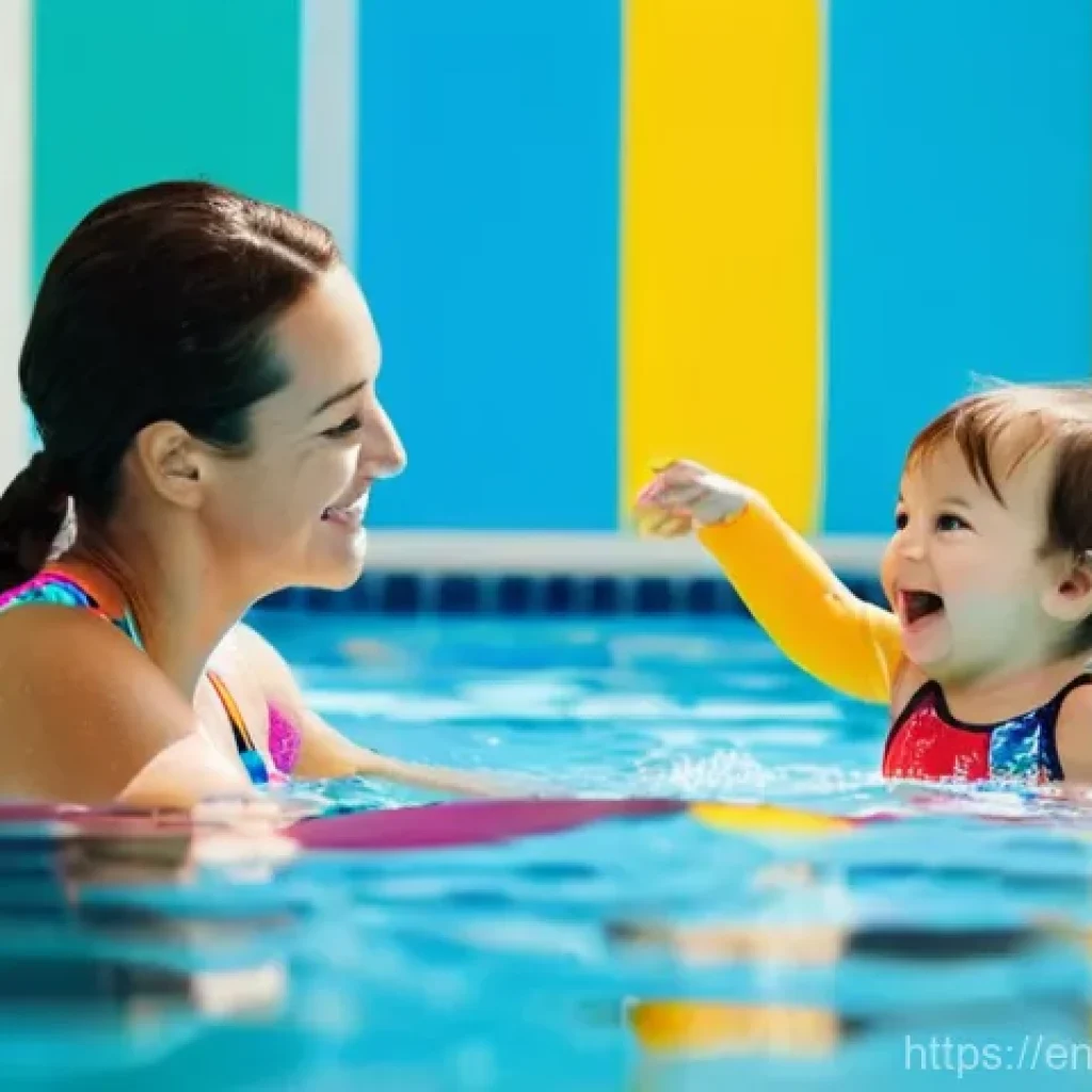 수영강사 SNS 운영 팁 - **Prompt:** A warm and inviting photograph of a female swimming instructor gently interacting with a...