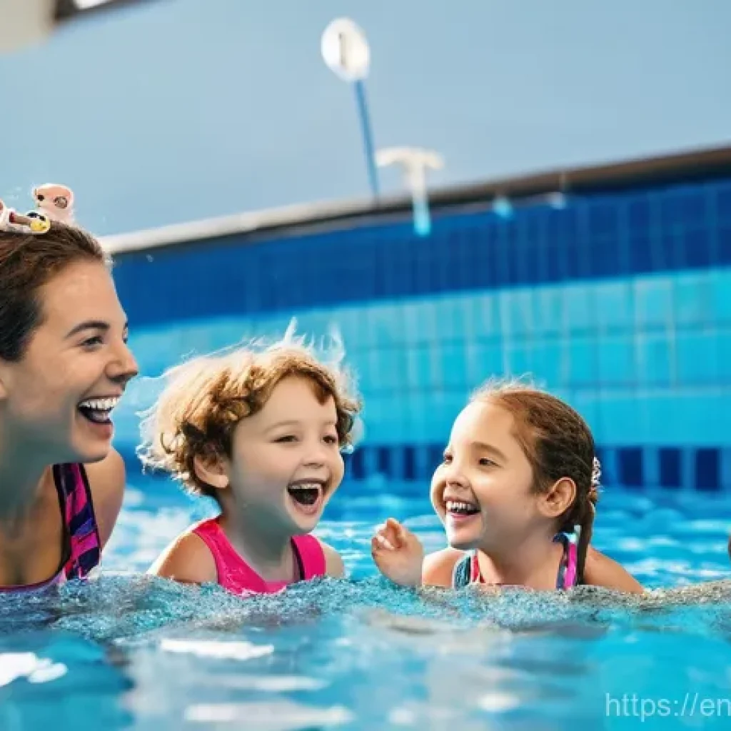 수영강사 수업 재미 요소 추가하기 - **A vibrant indoor swimming pool scene filled with joyous children, ages 4-7, participating in a "Pi...