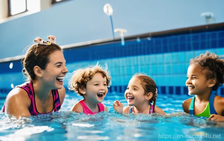 수영강사 수업 재미 요소 추가하기 - **A vibrant indoor swimming pool scene filled with joyous children, ages 4-7, participating in a "Pi...