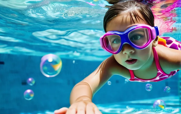 수영강사 수업 재미 요소 추가하기 - **A vibrant indoor swimming pool scene filled with joyous children, ages 4-7, participating in a "Pi...