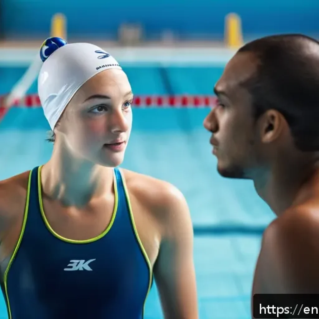수영강사로서 고객 피드백 반영법 - A professional swim coach attentively listening to a young swimmer&rsquo;s feedback poolside, making eye c...