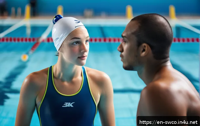 수영강사로서 고객 피드백 반영법 - A professional swim coach attentively listening to a young swimmer&rsquo;s feedback poolside, making eye c...